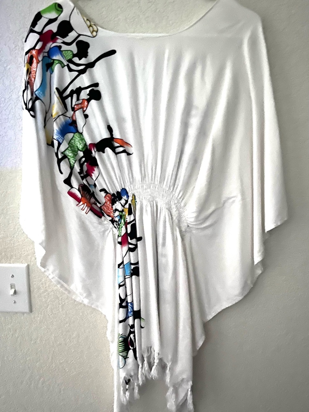 White Tunic Top with Multicolor Abstract Hand Painted African Graphics